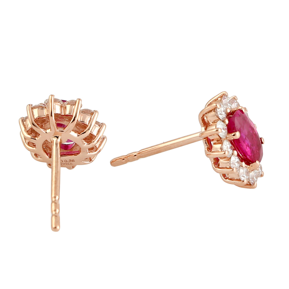 Beautiful Ruby Diamond Oval Stud Earrings For Gift In 18k Gold