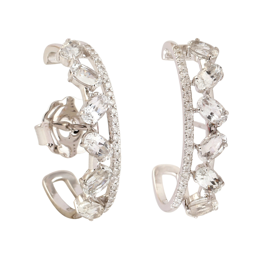 Natural White Sapphire Diamond 18k White Gold Half Hoop Earrings