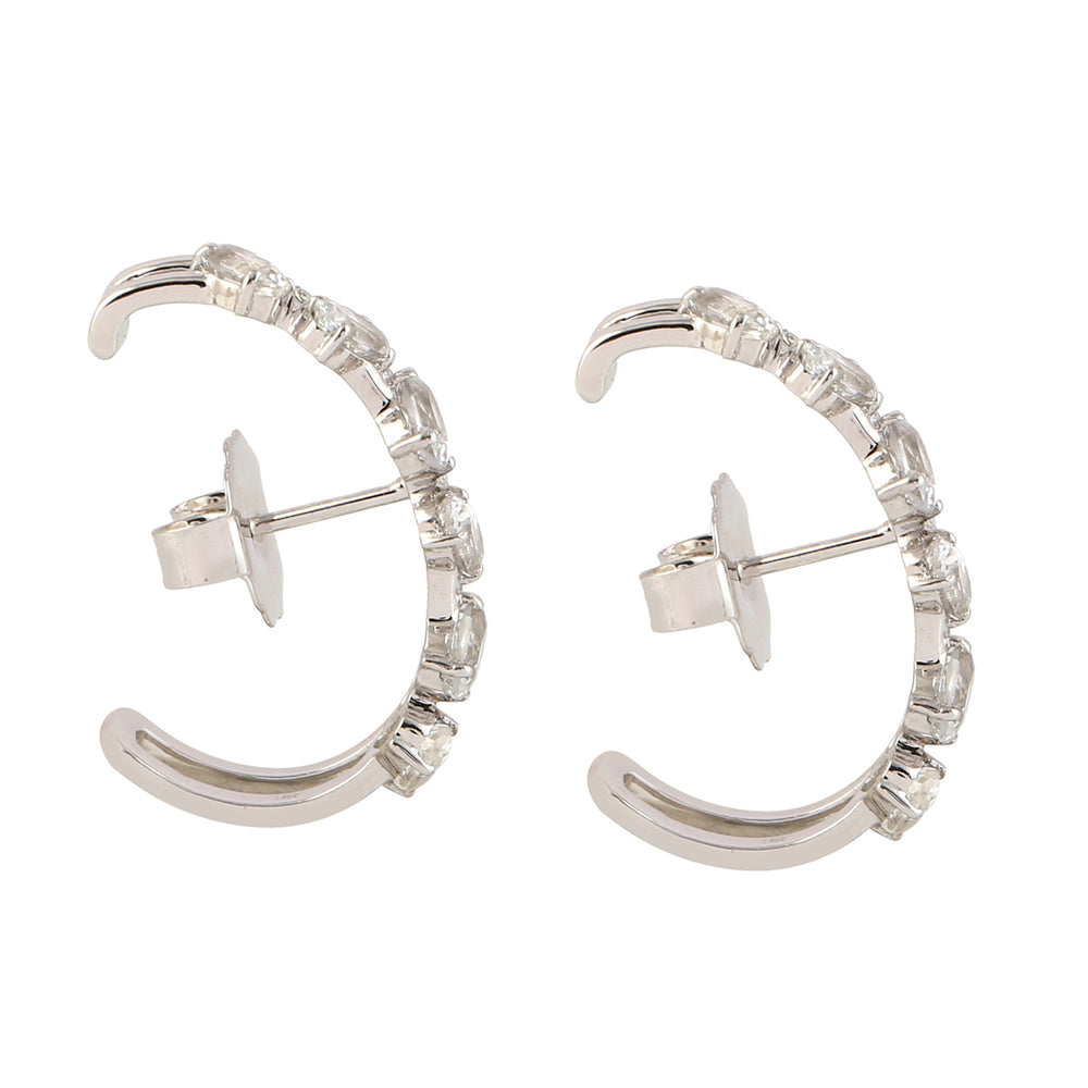Natural White Sapphire Diamond 18k White Gold Half Hoop Earrings