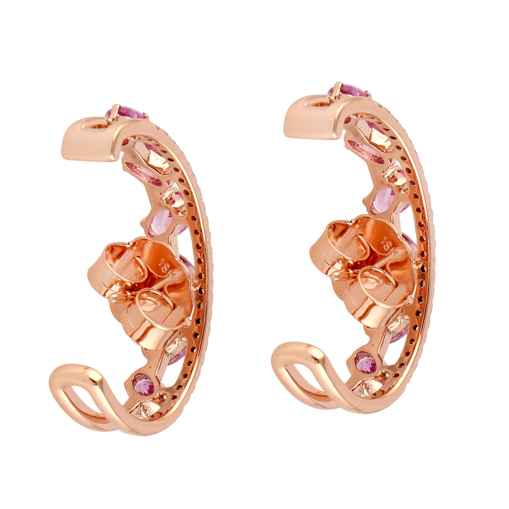 Natural Pink Sapphire Diamond 18k Rose Gold Half Hoop Earrings