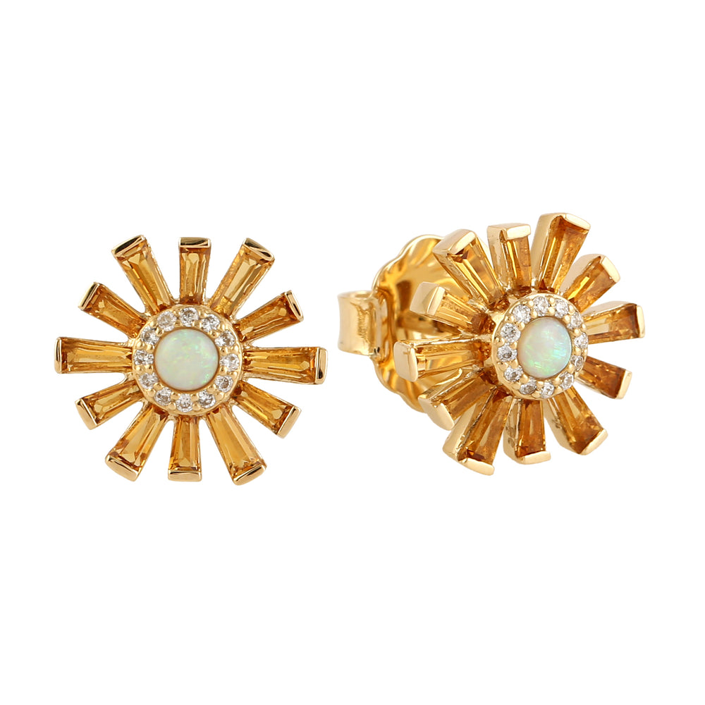 Tapered Citrine Opal Diamond Sun Burst Stud Earrings In 18k Yellow Gold