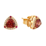 Pink Tourmaline Ruby Diamond Trillion Cut Stud Earrings In 18k Yellow Gold