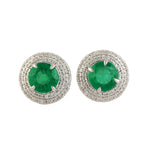 Natural Emerald Pave Diamond Round Stud Earrings In 14k White Gold