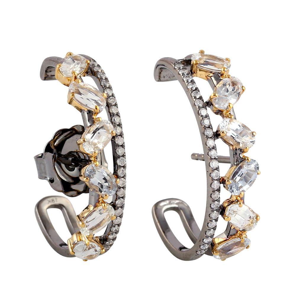 Natural Sapphire C Design Hoop Earrings in 18k Gold Handmade Jewelry
