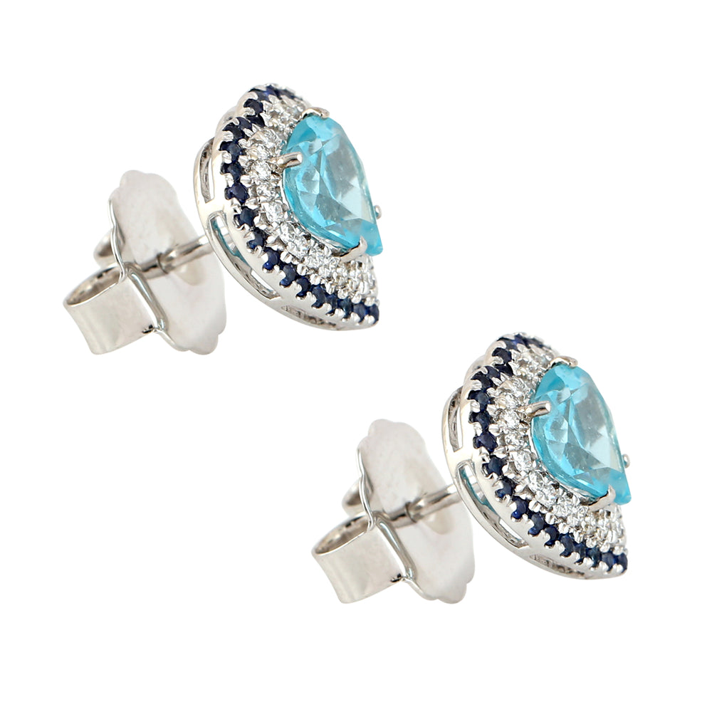 Natural Apatite Blue Sapphire Diamond Heart Stud Earrings In 18k White Gold