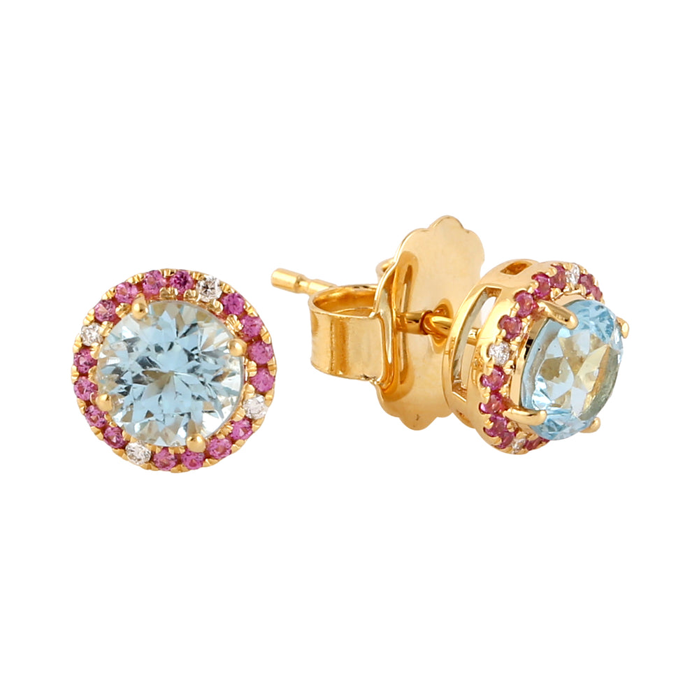 Natural Topaz Pave Sapphire Diamond Round  Stud Earrings In 18k Yellow Gold