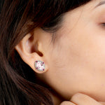 Oval Morganite  Ruby Pave Diamond Stud Earrings In 18k White Gold