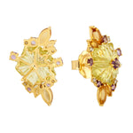 Carved Floral Stud Earrings In 18k Yellow Gold Mix Gemstone