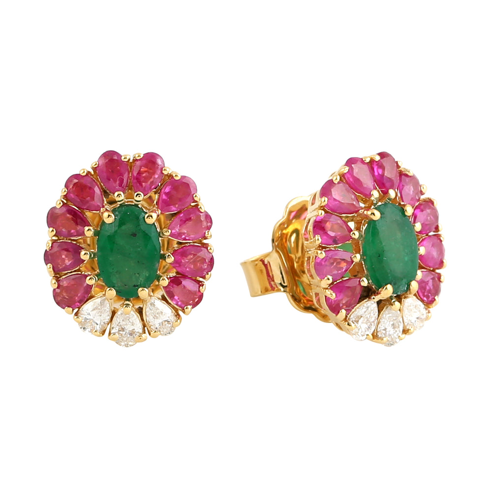 Beautiful Ruby Emerald & Diamond Designer Bridal Stud Earrings In 18k Yellow Gold