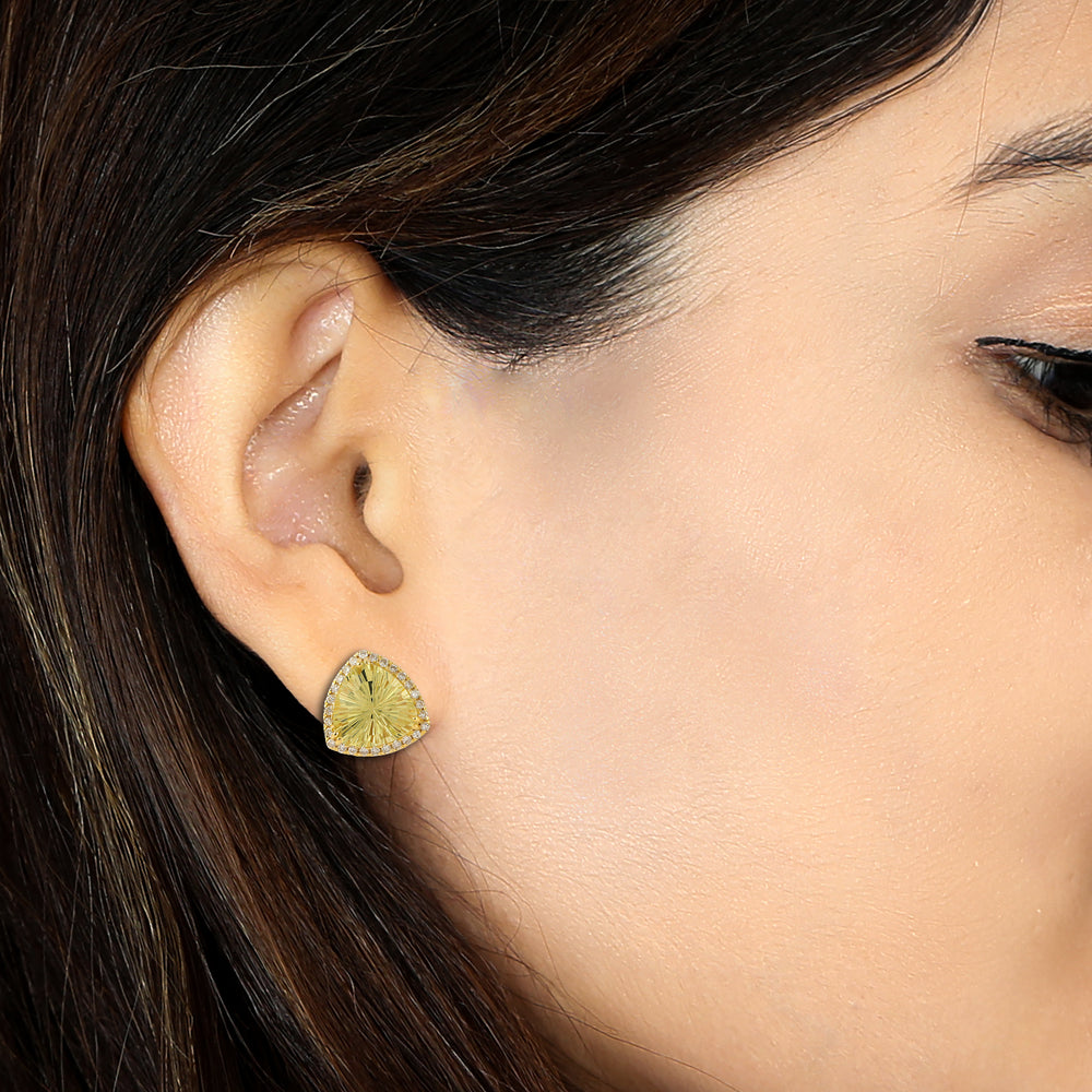 Beautiful Lemon Quartz Pave Diamond trillion Stud Earrings In 18k Gold