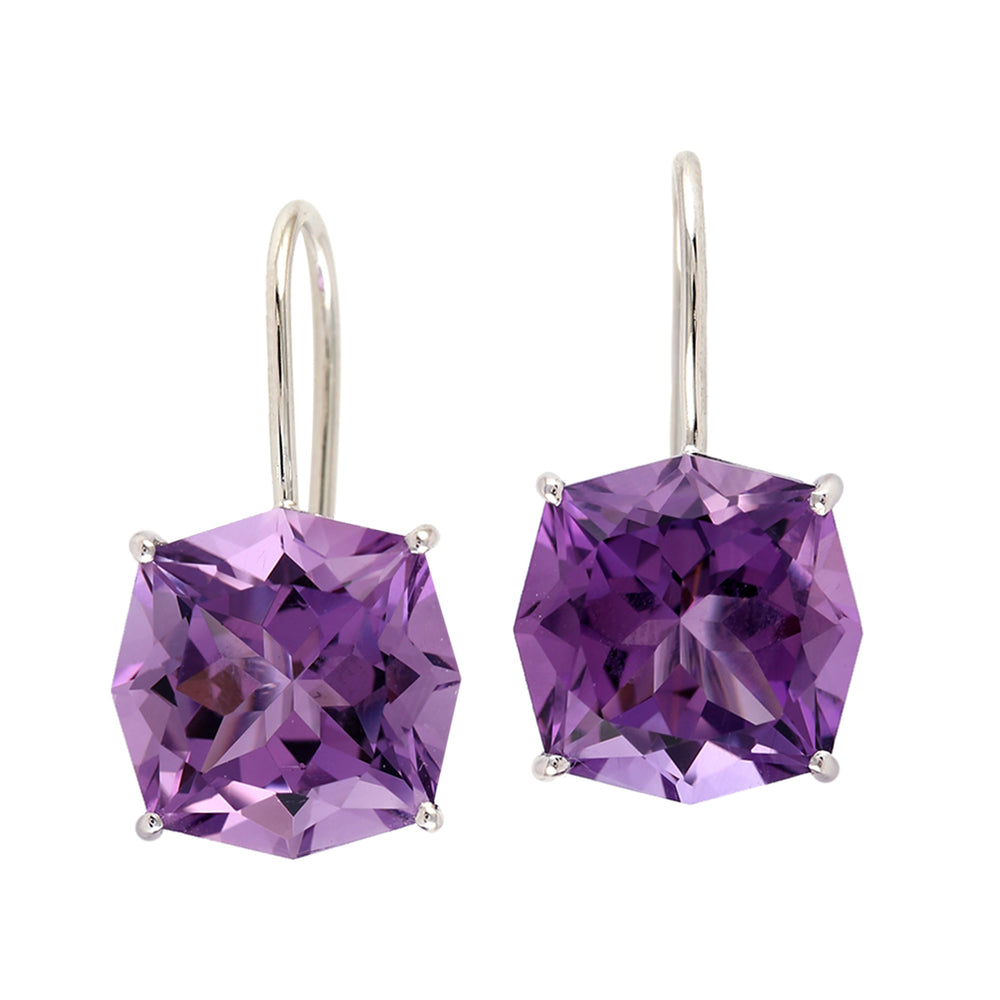 Octagon Amethyst Fish Hook Earrings In 14k White Gold For Her