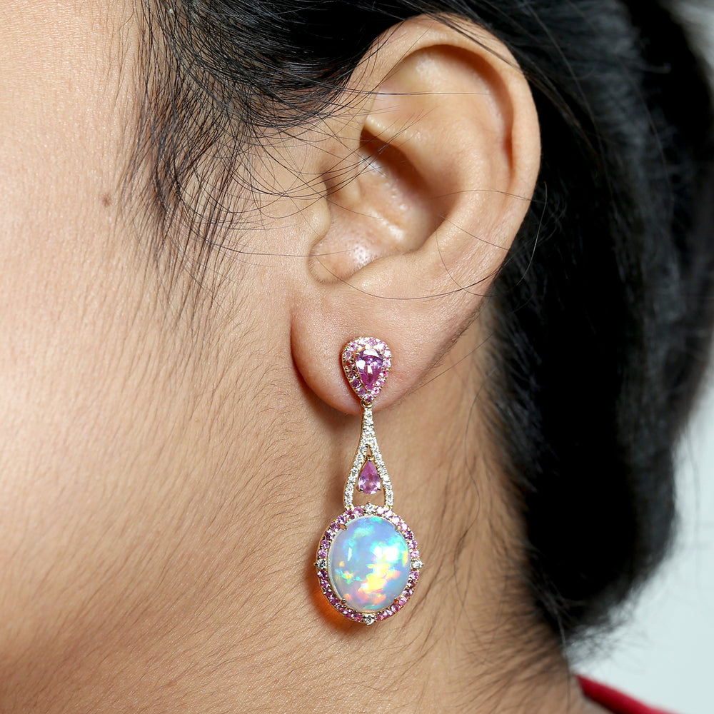 Opal Ethopian Sapphire Diamond Handmade Earrings in 18k Gold