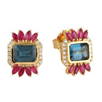 Solid 18k yellow Gold Beautiful Topaz Sapphire & Diamond Stud Earrings