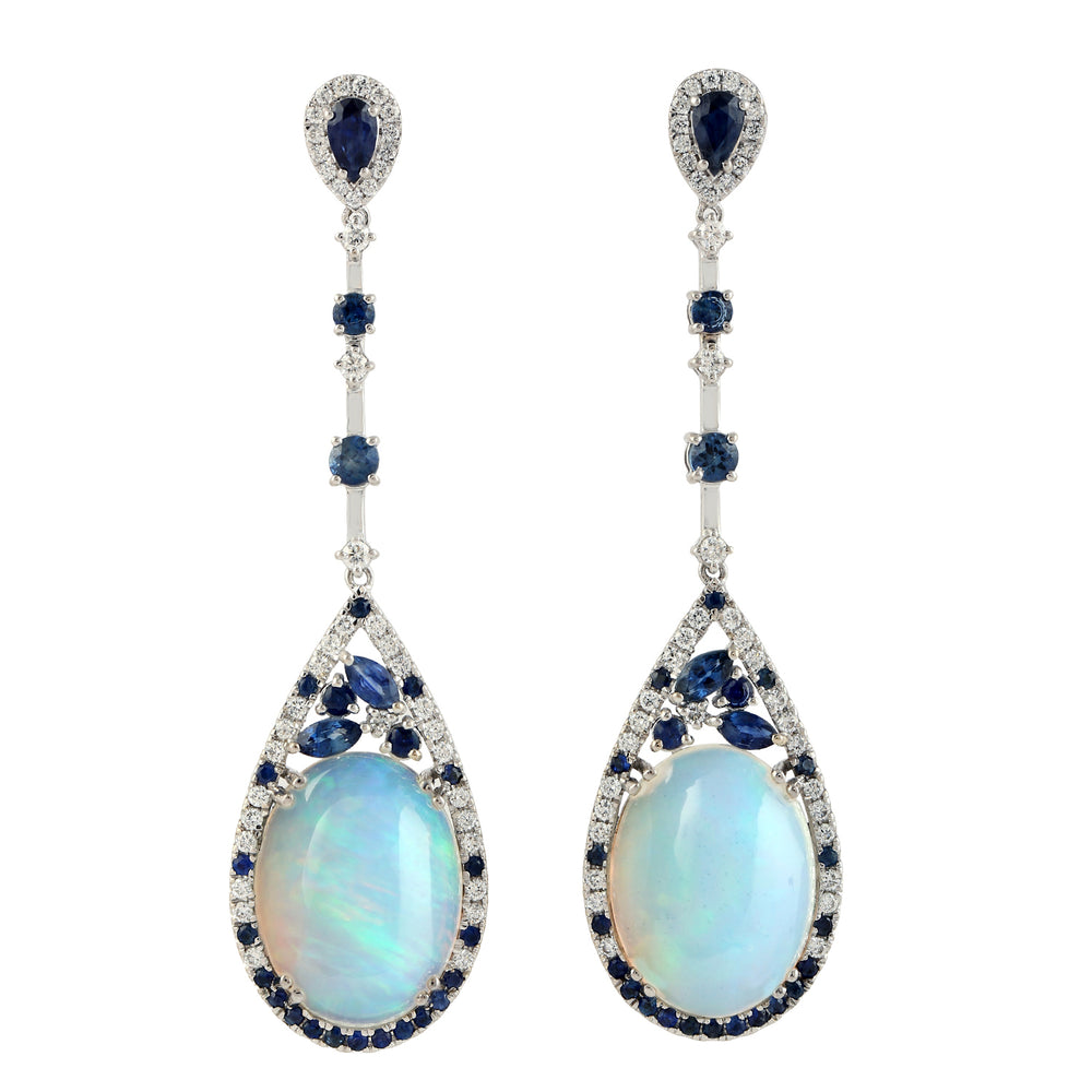 Opal Ethopian Sapphire Diamond Danglers in 18k White Gold