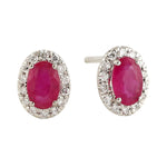 Oval Ruby Diamond Halo Stud Earrings In 18k White Gold For Her
