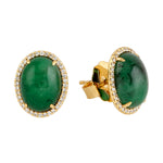 Cabochon Emerald Pave Diamond Oval Shped Stud Earrings in 18k Yellow Gold For Her