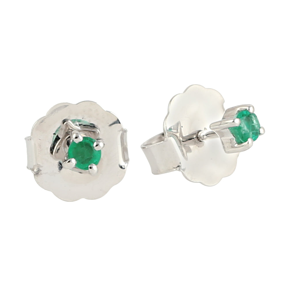 Natural Emerald Solitaire Stud Earrings in 18k White Gold