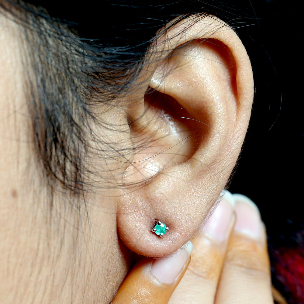 Natural Emerald Solitaire Stud Earrings in 18k White Gold