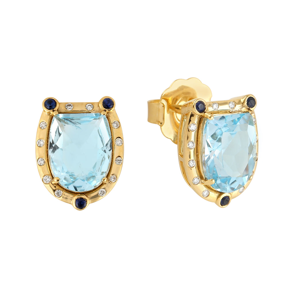 Handmade Topaz Sapphire Diamond 18k Yellow Gold Stud Earrings For Her