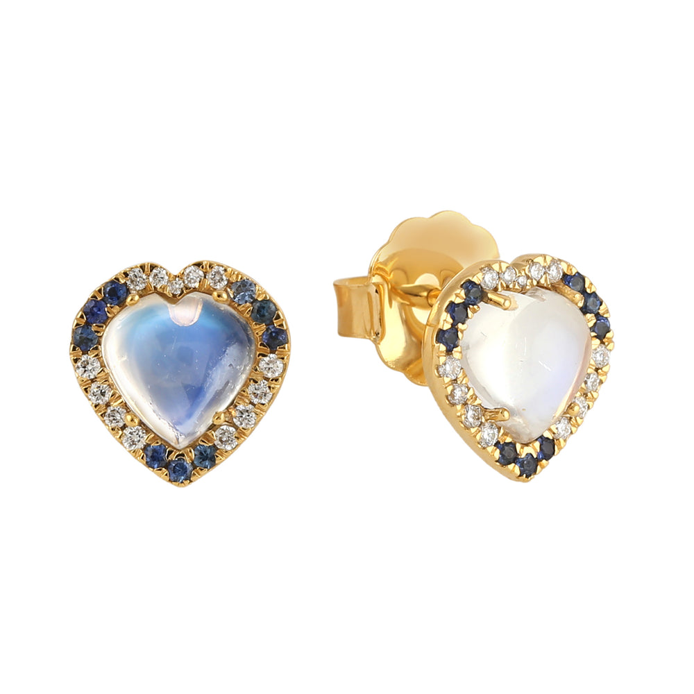 Solid 18k Yellow Gold Heart Shaped Moonstone Sapphire Diamond Stud Earrings