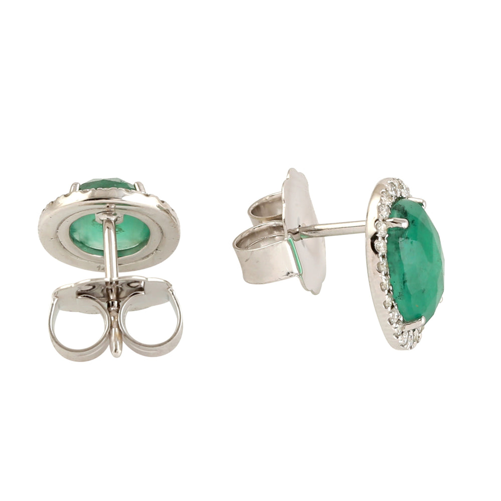 Oval Emerald Diamond Stud Earrings In 14k White Gold