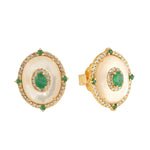 Natural Diamond Emerald MOP Stud Earrings in 18k Yellow Gold For Her