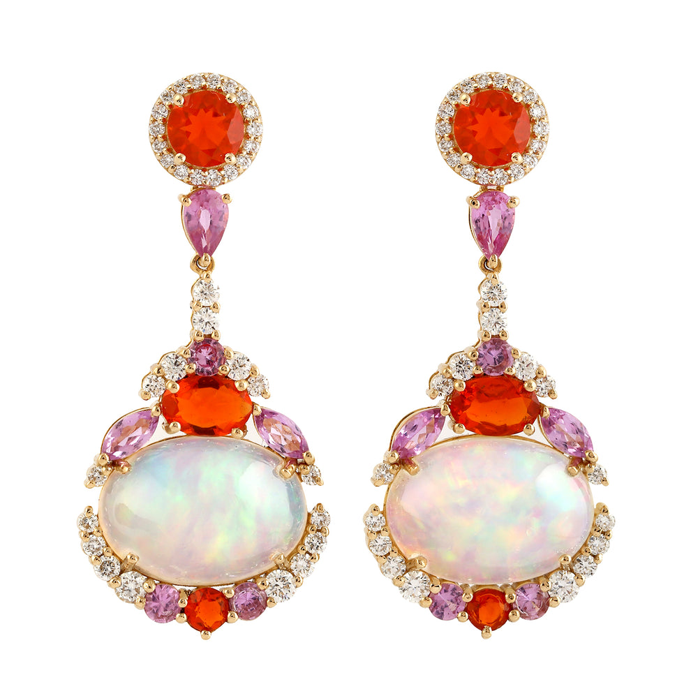 Fire Opal Opal Ethopian Designer Dangler Diamond Jewelry In 18k Yellow Gold