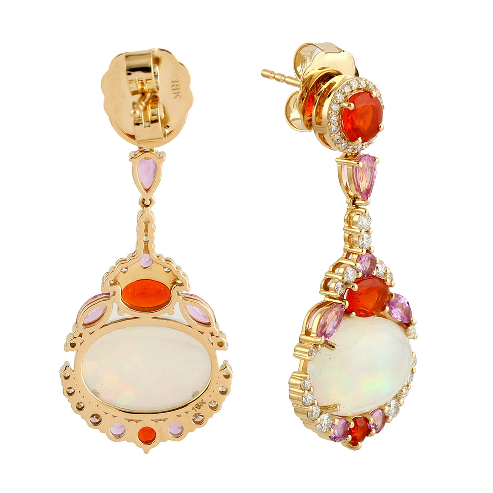 Fire Opal Opal Ethopian Designer Dangler Diamond Jewelry In 18k Yellow Gold