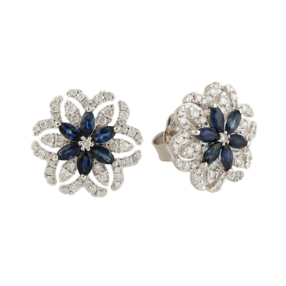 Natural Marquise Sapphire & Diamond Floral Stud Earrings In 18k White Gold