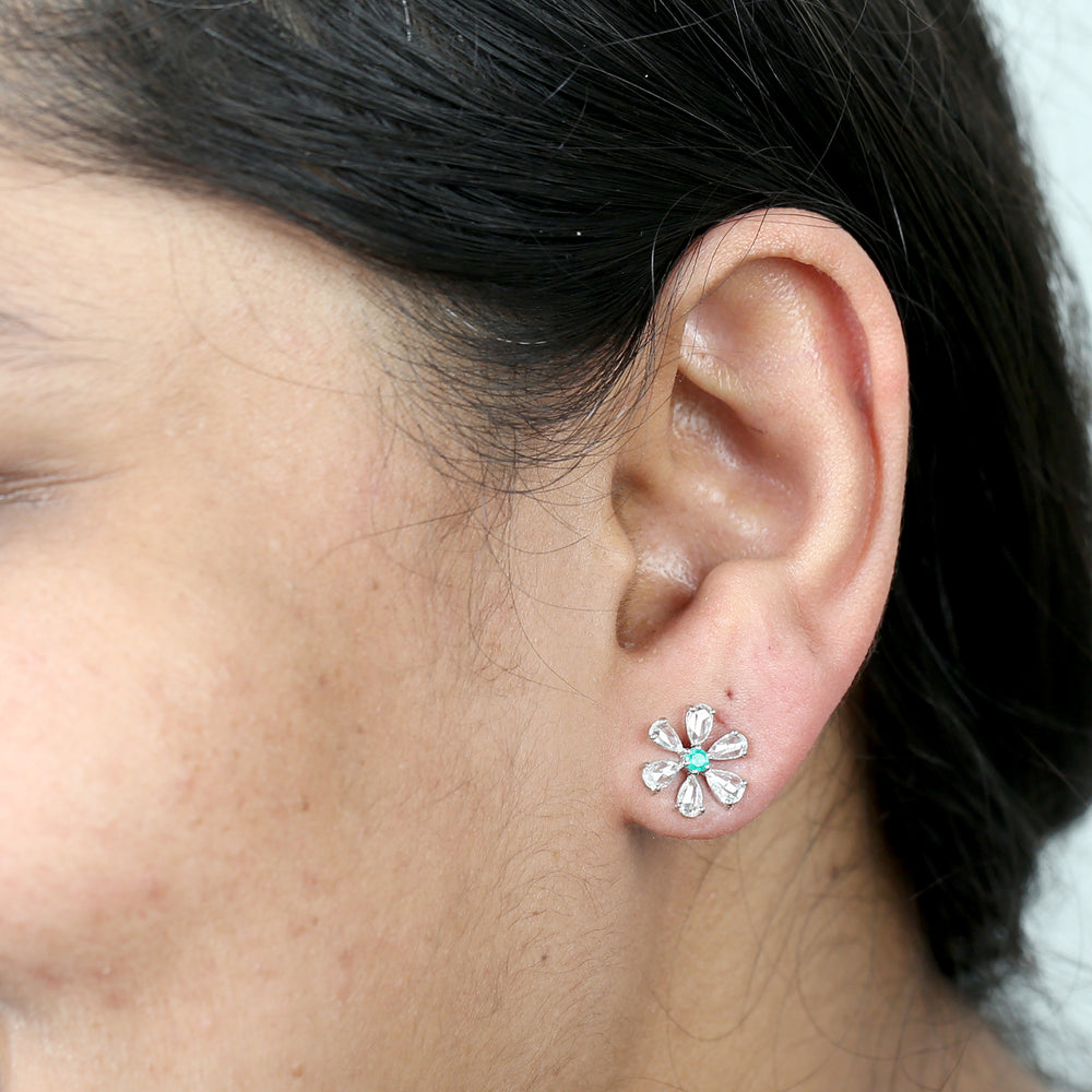 Pear Cut Diamond & Emerald Floral Stud Earrings In 18k White Gold