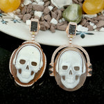 Pave Black & White  Diamond Shell Cameo Skull MisMatch Danglers 18k Halloween Jewelry