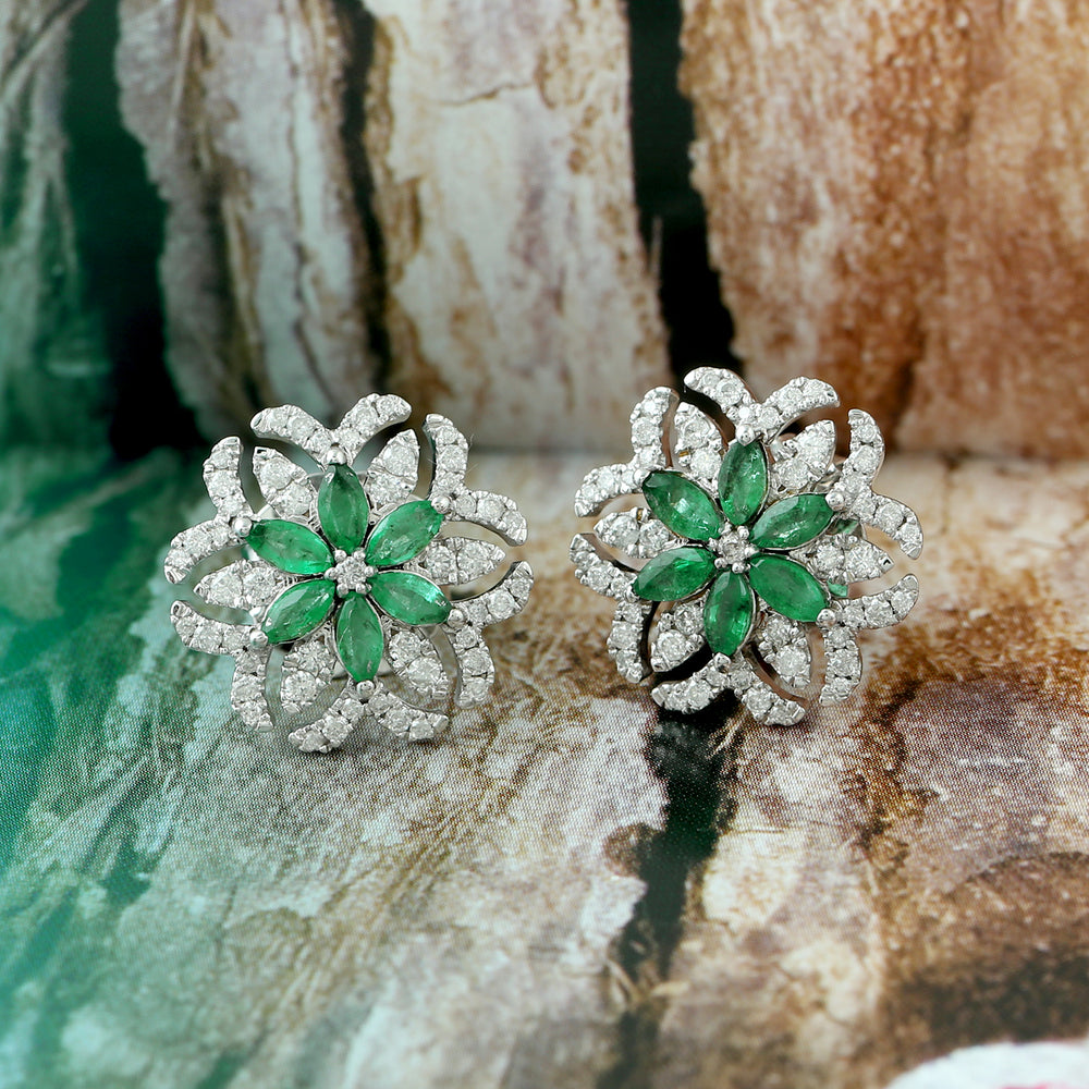 Marquise Emerald & Pave Diamond Floral Stud Earrings In 18k White Gold