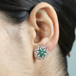 Marquise Emerald & Pave Diamond Floral Stud Earrings In 18k White Gold