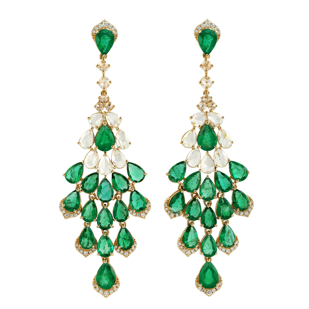 Natural  Emerald Uncut Diamond Beautiful Danglers In 18k Yellow Gold