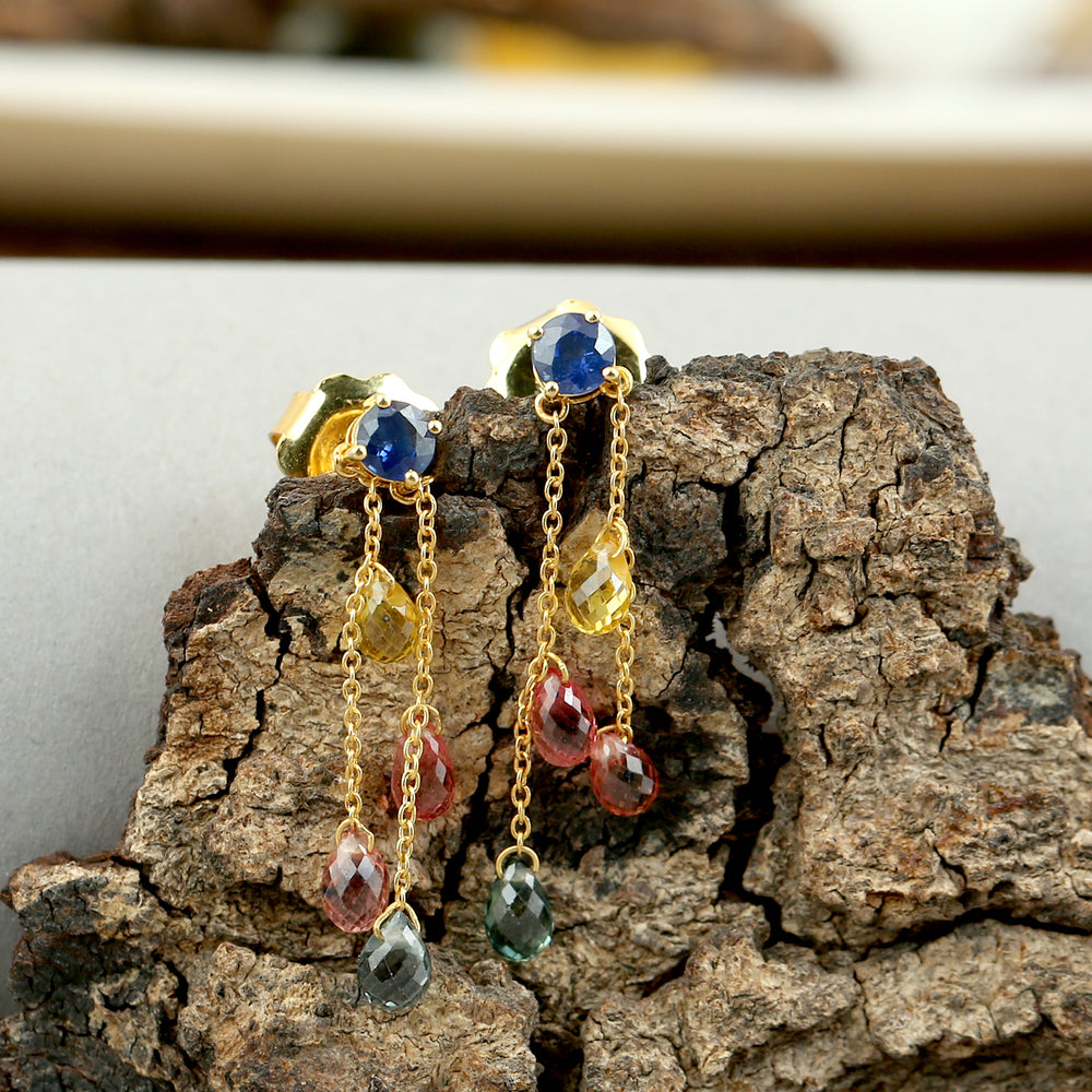 Multicolor Sapphire Gemstone Chain Link Earrings In 18k  Yellow Gold