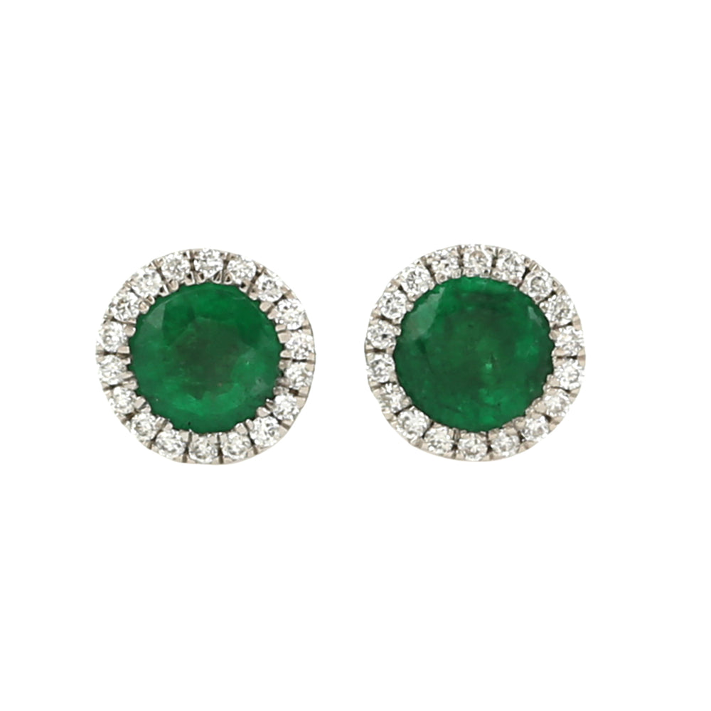 Natural Green Emerald Pave Diamond Halo Stud Earrings In 18k White Gold