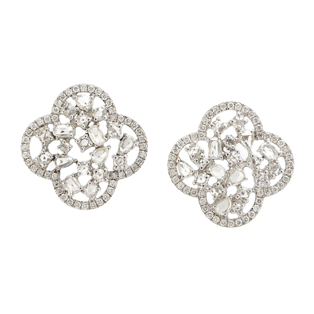 Natural Diamond Cluster Clover Leaf Design Stud Earrings In 18k Gold