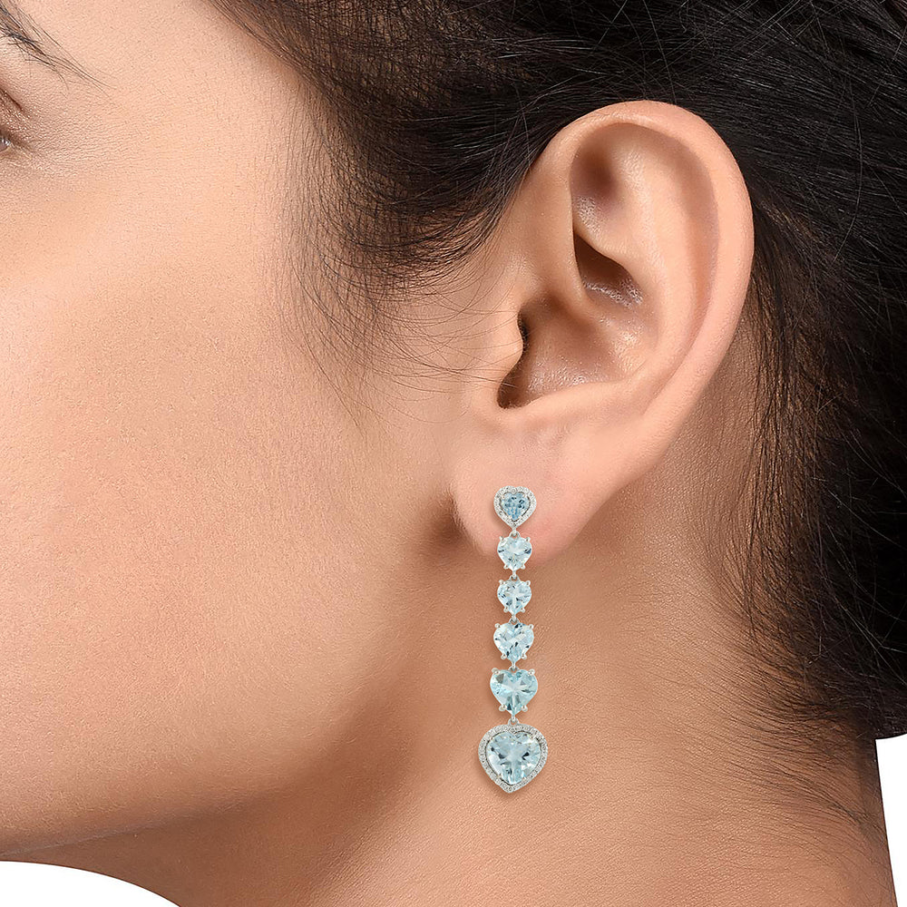 Heart Shaped Aquamarine Diamond Long Drop Earrings In 18k White Gold