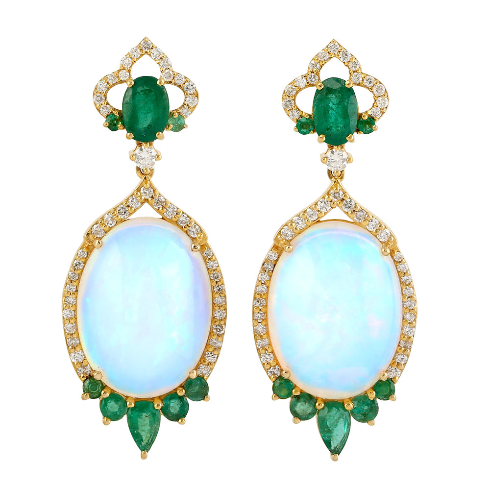 Opal Ethopian Natural Emerald Diamond Designer Earrings In 18k Yellow Gold