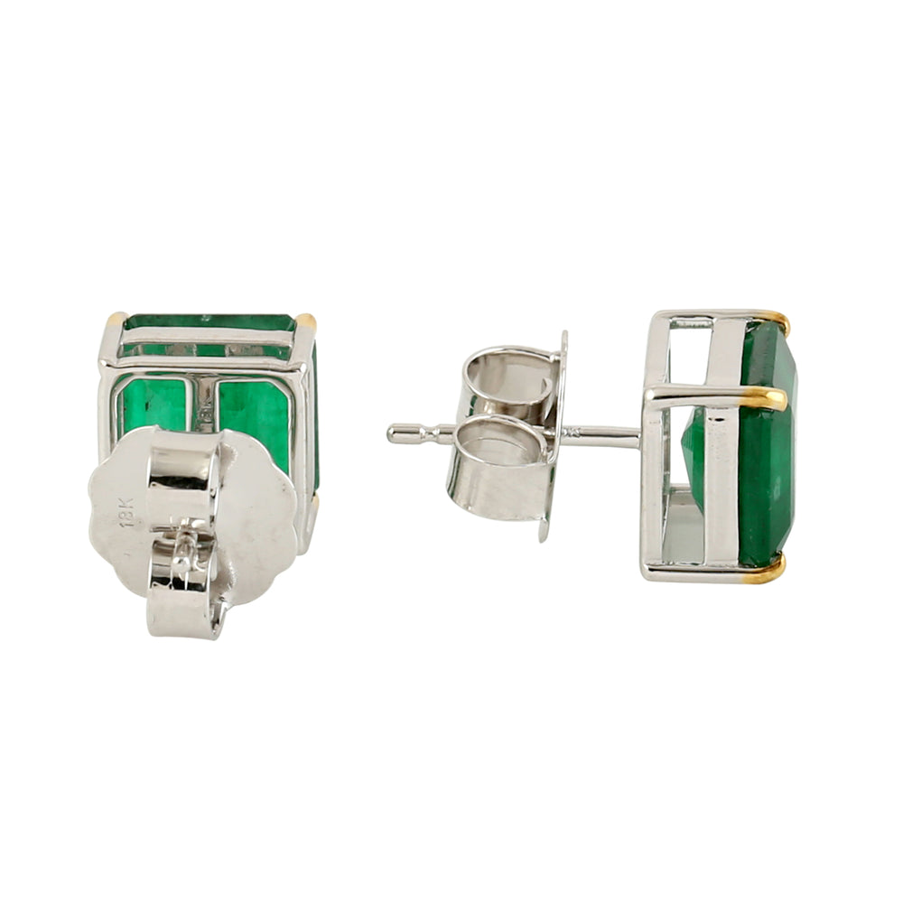 Prong Set Emerald Square Stud Earrings In Dual Tone 18k Gold