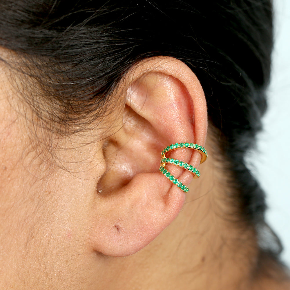 Pave Emerald Earcuff Earrings In 14k Yellow Gold For Her