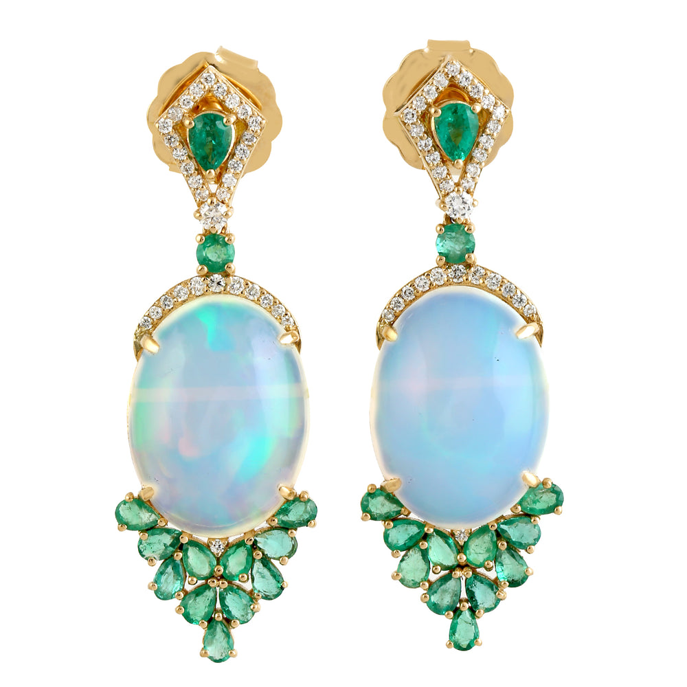 Opal Ethopian Emerald Diamond Handmade Designer Danglers In 18k Yellow Gold