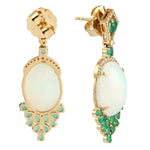 Opal Ethopian Emerald Diamond Handmade Designer Danglers In 18k Yellow Gold