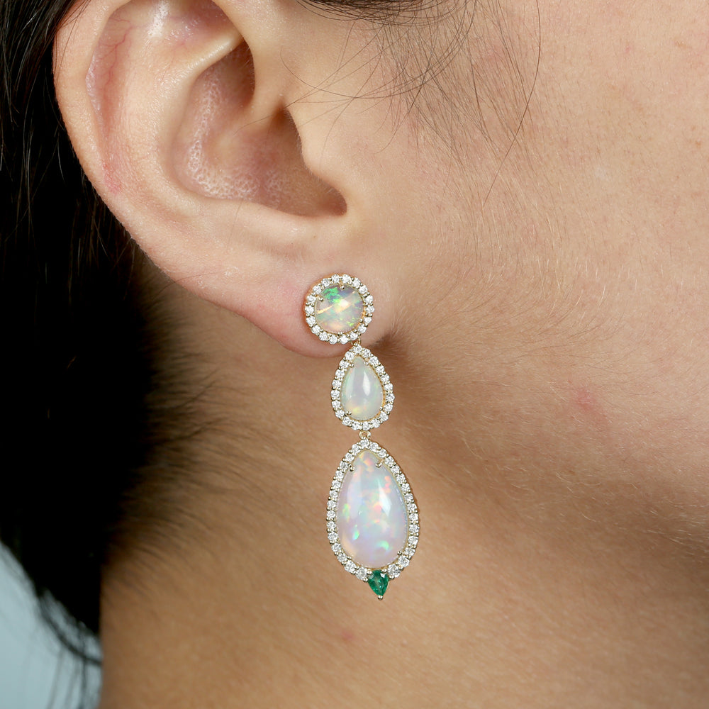 Opal Ethopian Diamond Emerald Drop Danglers In 18k Yellow Gold Gift
