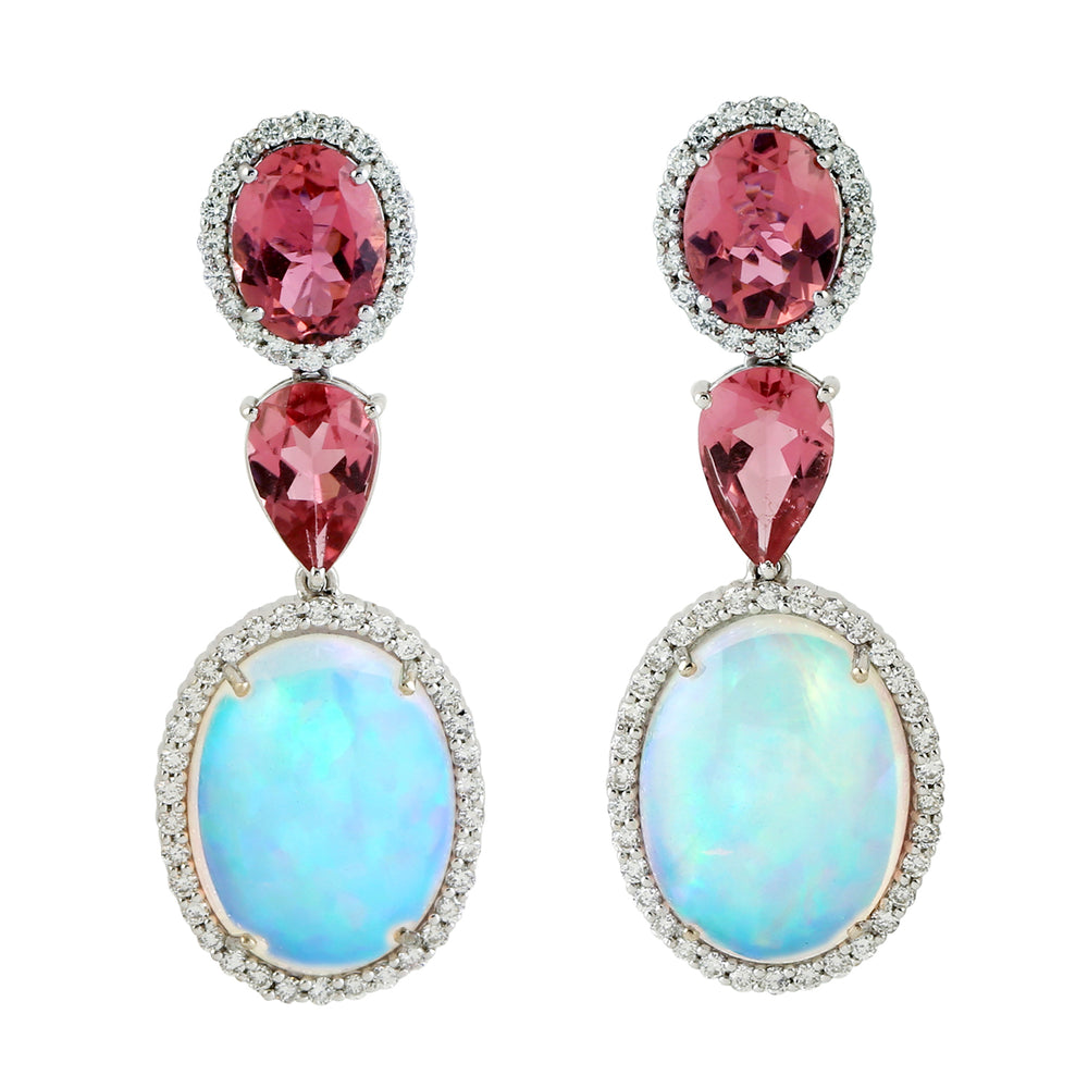 Opal Ethopian Tourmaline Diamond White Gold 18k Earrings Handmade Jewelry