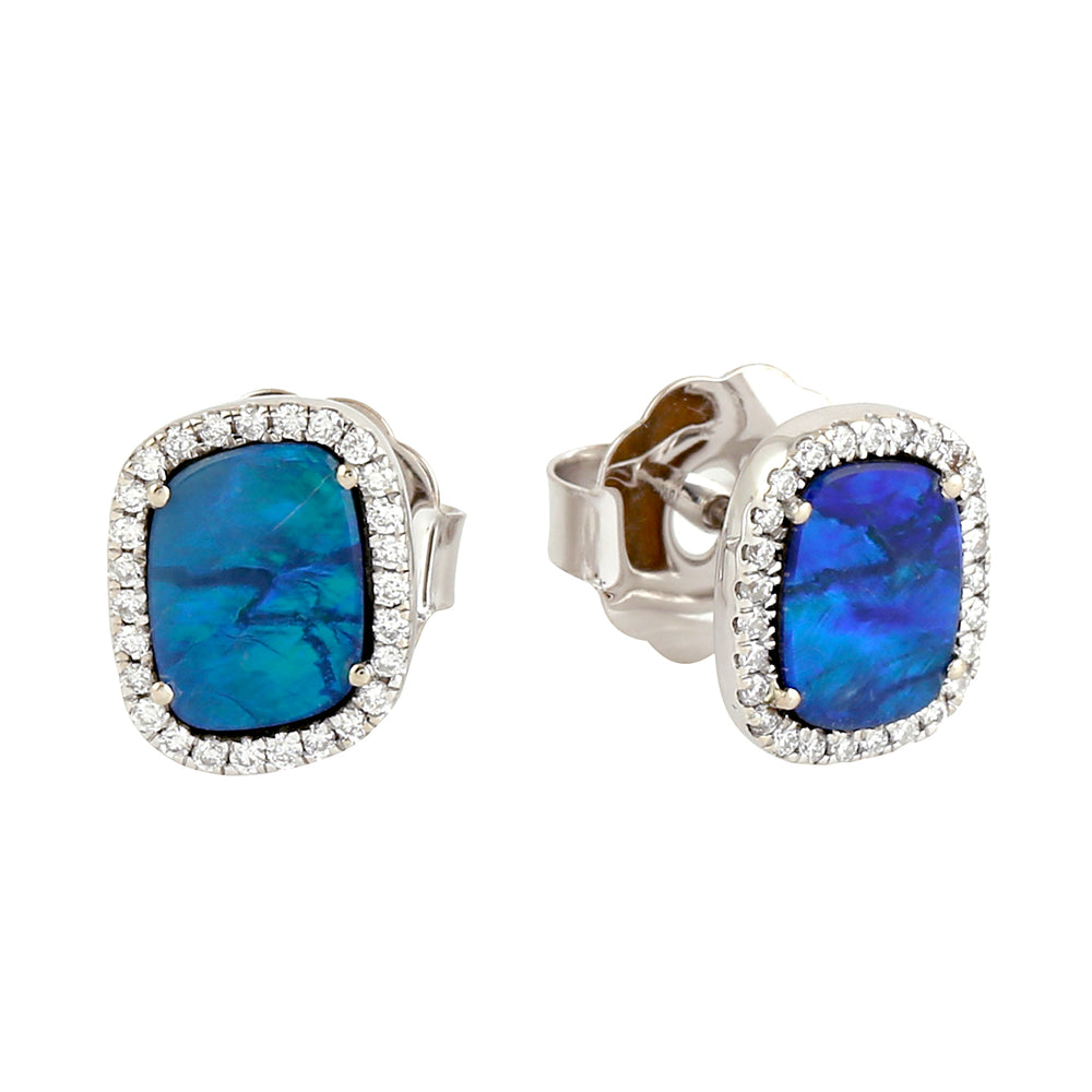 Pave Diamond Opal Doublet Designer Stud Earrings In 18k Solid Gold Gift