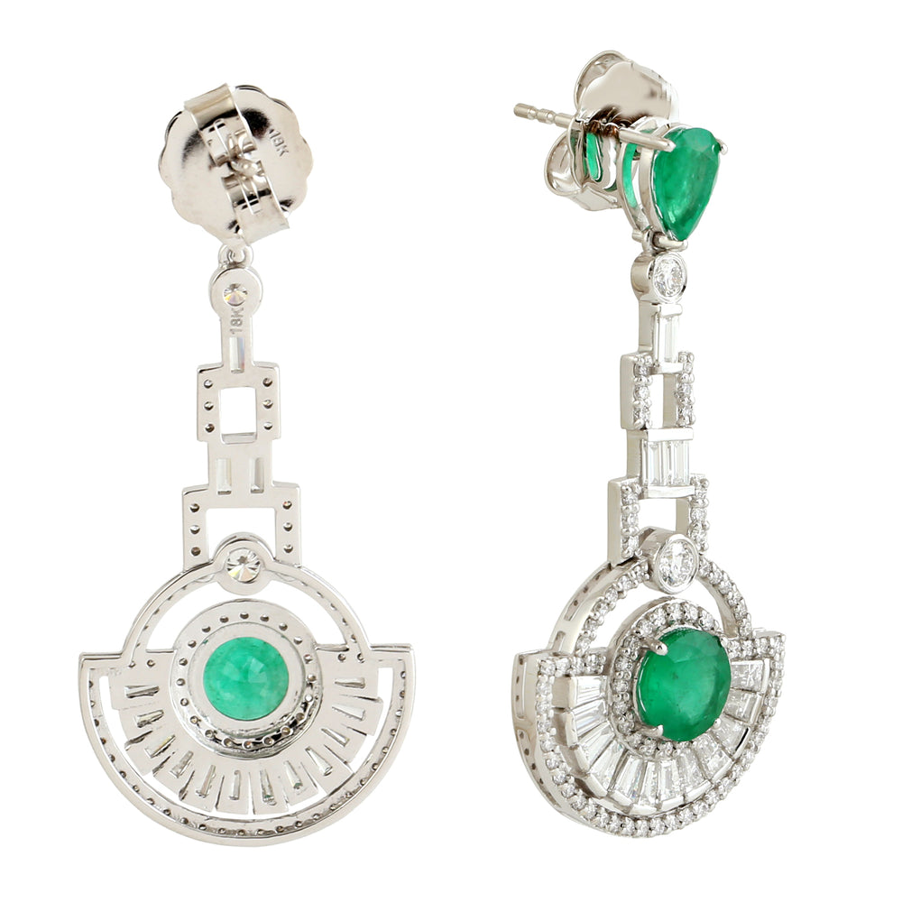 Emerald Diamond Designer Handmade Danglers In 18k White Gold