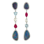 Natural Pave Diamond Opal Doublet Pearl Ruby Long Drop 18k White Gold Earrings Gift