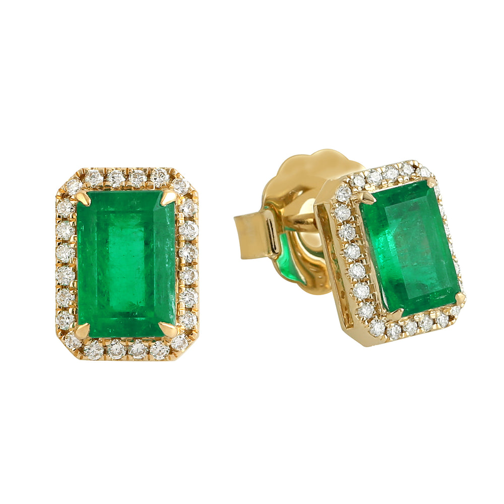 Emerald Cut Emerald Pave Diamond Halo Stud Earrings In 18k Yellow Gold