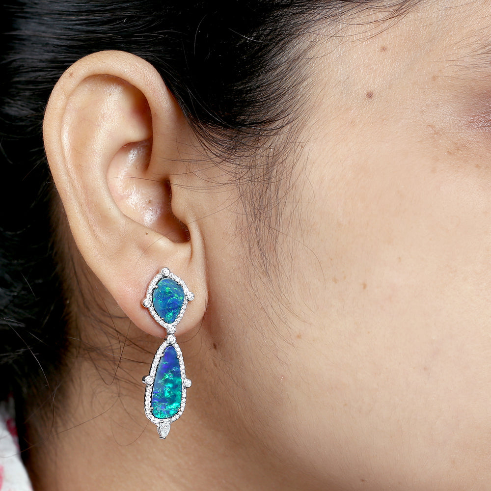 Natural Opal Doublet Diamond Designer Earrings in 18k Yellow Gold